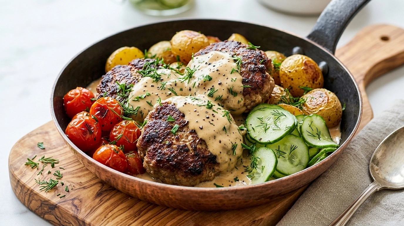 Köttfärsbiffar med gräddsås och pressgurka